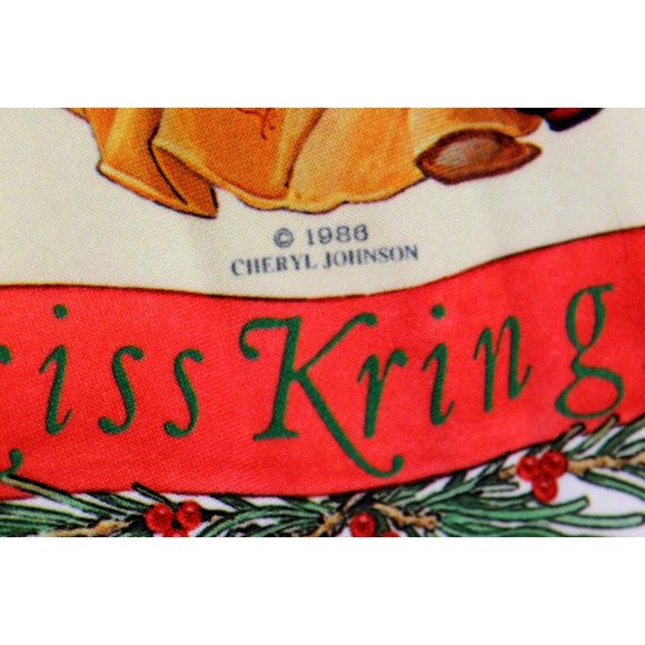 VTG 1980s Handmade Tree Skirt Cheryl Johnson Print Santa Sleigh Reindeer Trim - Picture 7 of 8